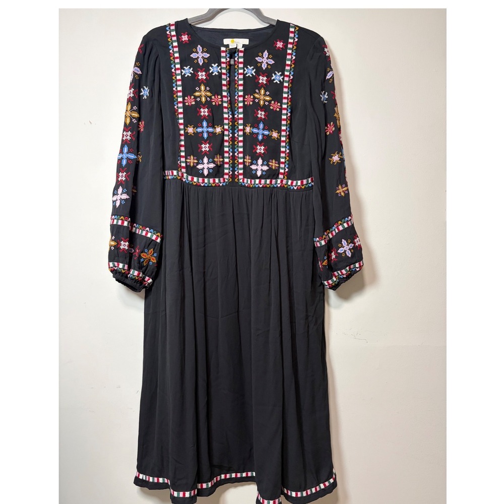 Boden Black Embroidered Long Sleeve Midi Peasant Dress D0363 US 8P Boho